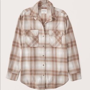 Womens Oversized Flannel Shirt Jacket, Color: Beige, Size: XS